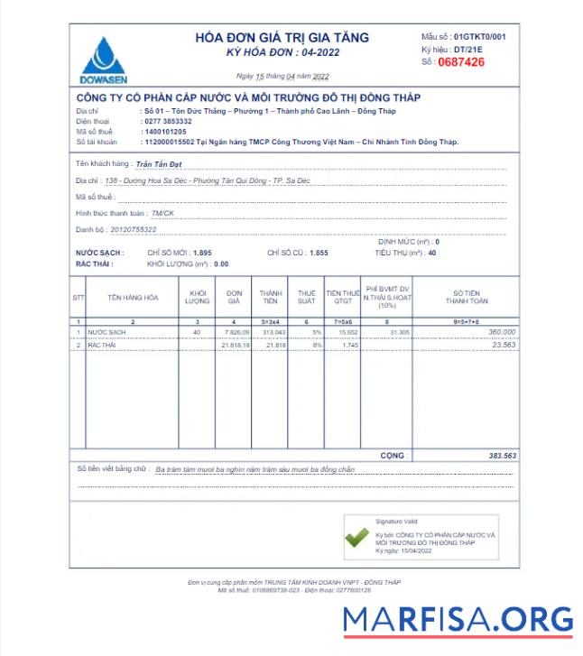 Realistic VIETNAM DOWASEN utility bill Word and PDF template